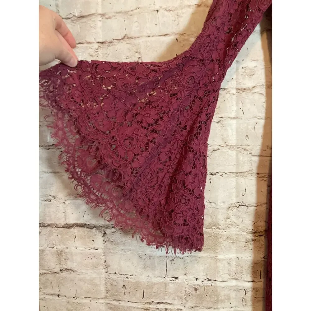 Bardot Lace Dress Womens XS Dark Mauve Midi‎ Bell Sleeve Romantic Off Shoulder - Picture 3 of 14